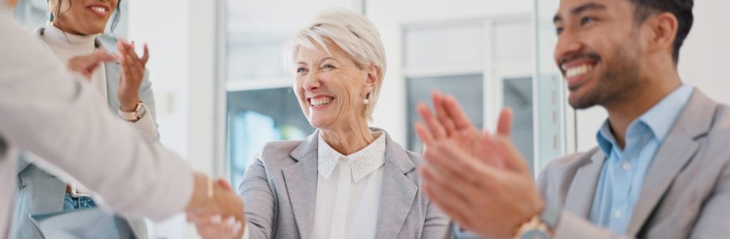 Handshake, partnership and business people clapping hands in celebration, congratulations, dealing, risk, most cases search on agreement and income, cash, lot easier, completing, online appointment