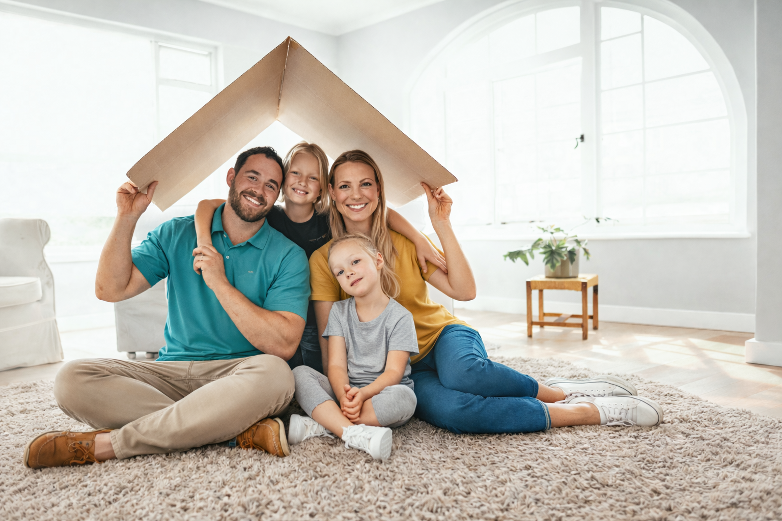 Happy family under a house-shaped roof